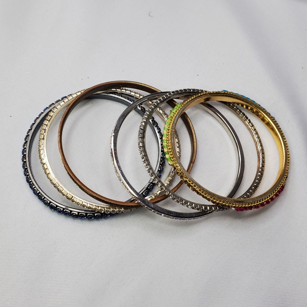 VTG 6 Multicolor Rhinestone Glitter & Metal Bangles Gold & Silver-Tone Mixed - Picture 7 of 7
